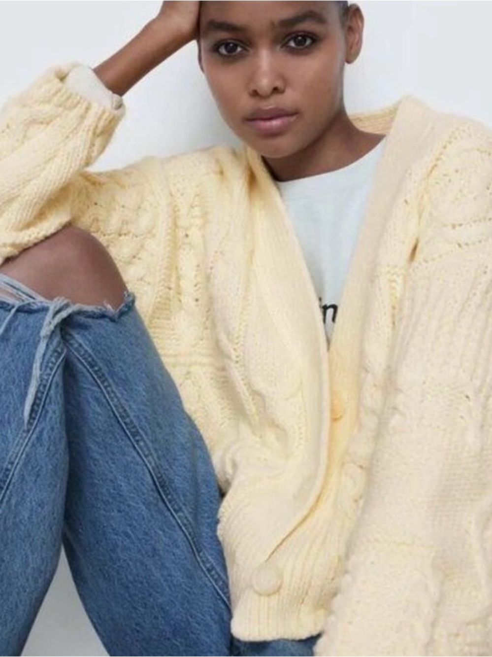 Zara Pale Yellow Cable Knit Cardigan